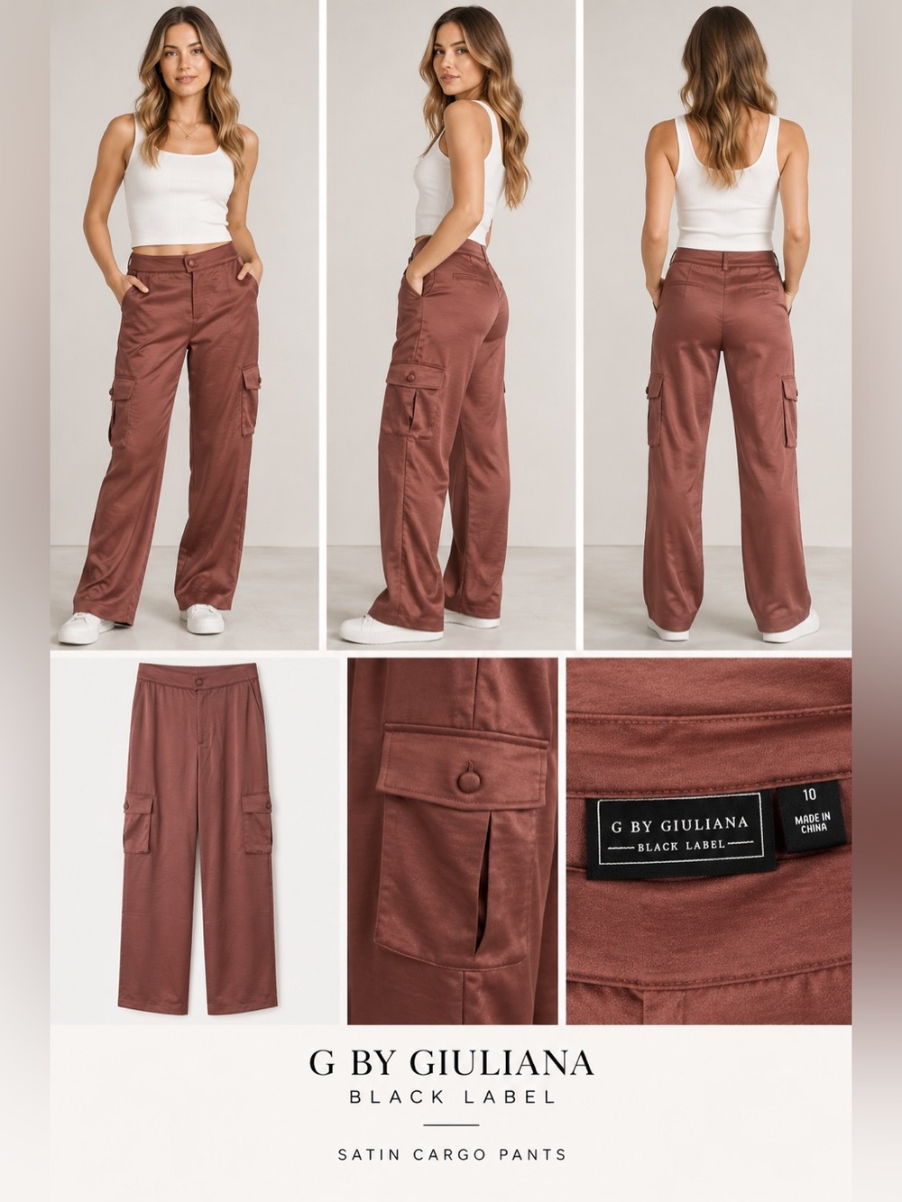 G by Giuliana Black Label Straight Leg Satin Cargo Pants,  Size 10 NEW